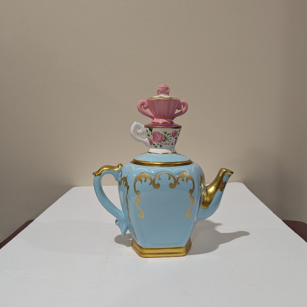 Alice In Wonderland, Elegant Blue and Gold Teapot with Pink Floral Lid 11"X9" - Picture 2 of 13
